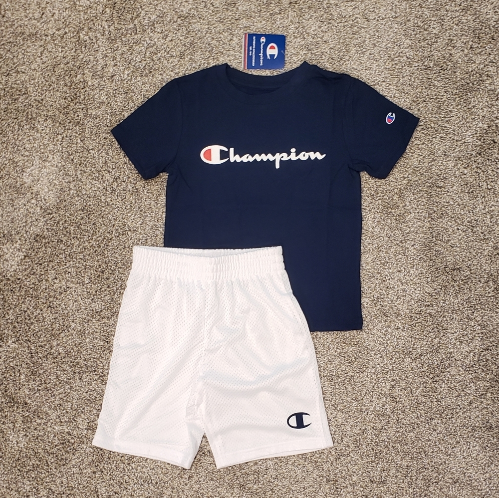 Champion 2pc Script Tee Tshirt + Mesh Shorts Outfit Set, Navy/White, Kids 6